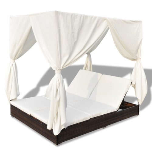 Outdoor Lounge Bed with Curtains Poly Rattan – Brown