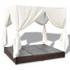 Outdoor Lounge Bed with Curtains Poly Rattan – Brown