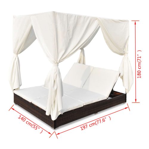 Outdoor Lounge Bed with Curtains Poly Rattan – Brown