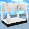 Outdoor Lounge Bed with Curtains Poly Rattan – Black