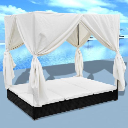 Outdoor Lounge Bed with Curtains Poly Rattan – Black