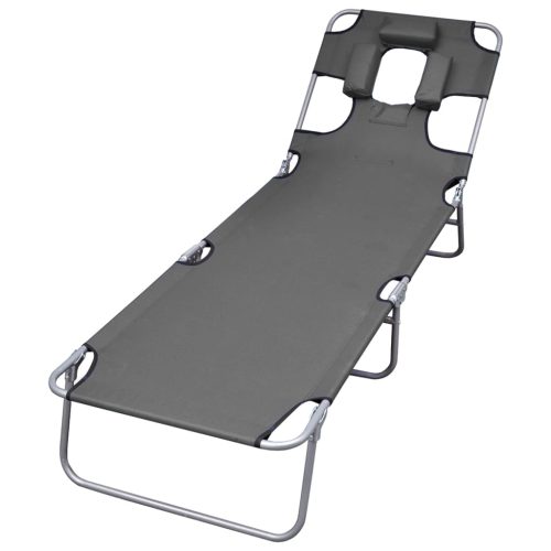 Folding Sun Lounger with Head Cushion Powder-coated Steel – Grey