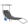 Folding Sun Lounger with Canopy and Wheels Steel – Grey