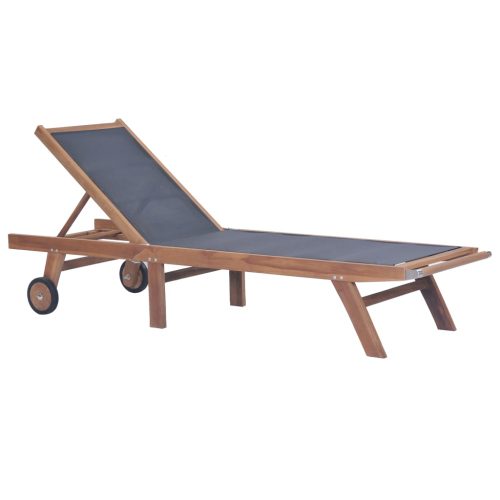 Folding Sun Lounger with Wheels Solid Teak and Textilene