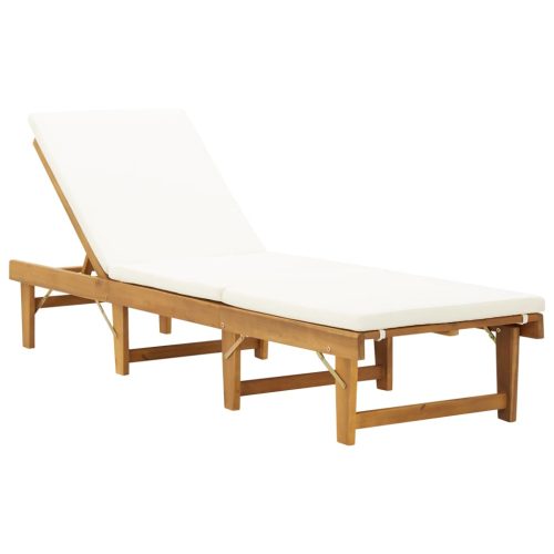 Folding Sun Lounger with Cushion Solid Acacia Wood – Cream White