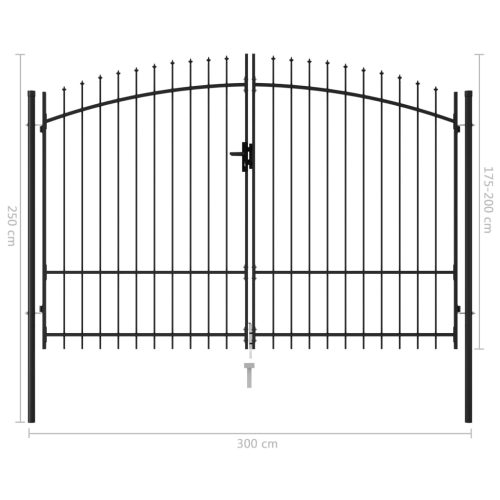 Fence Gate Double Door with Spike Top Steel Black – 3×2 m