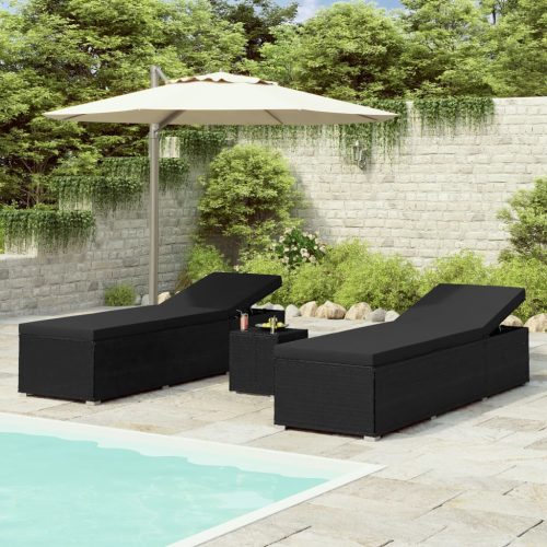 3 Piece Garden Sun Loungers with Tea Table Poly Rattan – Black
