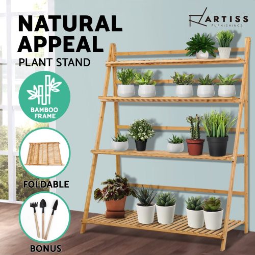 Plant Stand 4 Tier Bamboo Slat Flower Pot Shelf Pine