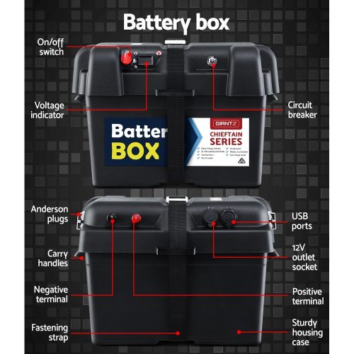 Deep Cycle Battery & Battery Box 12V AGM Marine Sealed Power Solar Caravan 4WD Camping – 100Ah