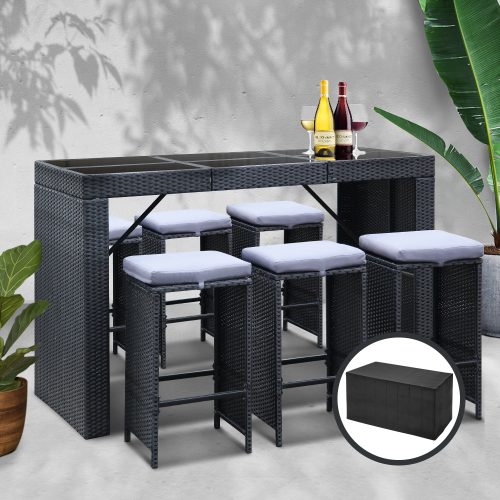 7-Piece Outdoor Bar Set Dining Table Stools Wicker Patio Setting