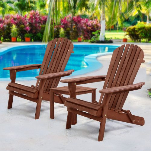 3 Piece Wooden Outdoor Beach Chair and Table Set – Brown