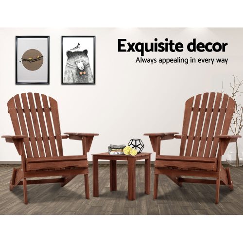 3 Piece Wooden Outdoor Beach Chair and Table Set – Brown