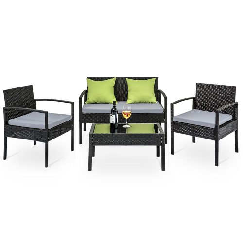 4 Seater Sofa Set Outdoor Furniture Lounge Setting Wicker Chairs Table Rattan Lounger Bistro Patio Garden Cushions Black – Without Cover