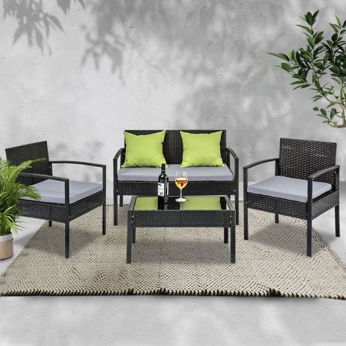 4 Seater Sofa Set Outdoor Furniture Lounge Setting Wicker Chairs Table Rattan Lounger Bistro Patio Garden Cushions Black – Without Cover