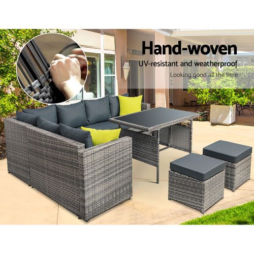 Outdoor Furniture Patio Set Dining Sofa Table Chair Lounge Wicker Garden – Grey