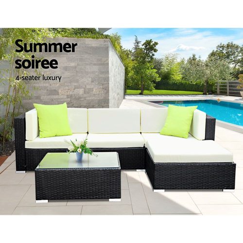 Sofa Set with Storage Cover Outdoor Furniture Wicker – 1 x Single Sofa + 2 x Corner Sofa + 1 x Table + 1 x Ottoman + 1 x storage cover