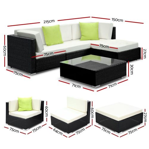 Sofa Set with Storage Cover Outdoor Furniture Wicker – 1 x Single Sofa + 2 x Corner Sofa + 1 x Table + 1 x Ottoman + 1 x storage cover