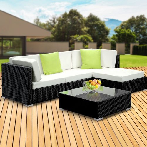 Sofa Set with Storage Cover Outdoor Furniture Wicker – 1 x Single Sofa + 2 x Corner Sofa + 1 x Table + 1 x Ottoman + 1 x storage cover