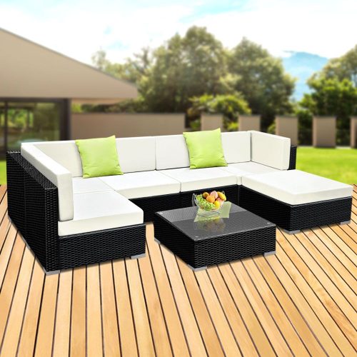 Sofa Set with Storage Cover Outdoor Furniture Wicker – 3 x Single Sofa + 2 x Corner Sofa + 1 x Table + 1 x Ottoman + 1 x storage cover
