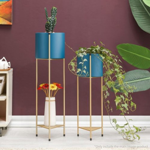 2 Layer Gold Metal Plant Stand with Blue Flower Pot Holder Corner Shelving Rack Indoor Display