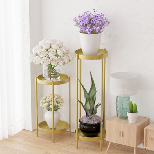 2 Layer 80cm Gold Metal Plant Stand Flower Pot Holder Corner Shelving Rack Indoor Display – 1