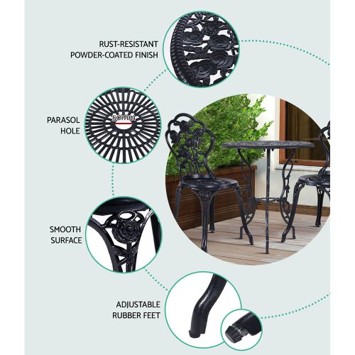 3PC Outdoor Setting Cast Aluminium Bistro Table Chair Patio – Black