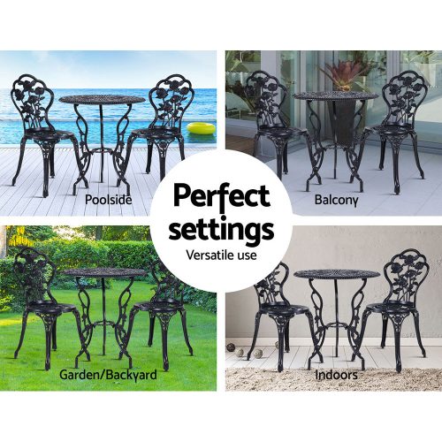 3PC Outdoor Setting Cast Aluminium Bistro Table Chair Patio – Black