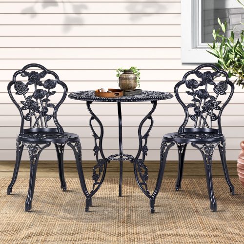 3PC Outdoor Setting Cast Aluminium Bistro Table Chair Patio – Black