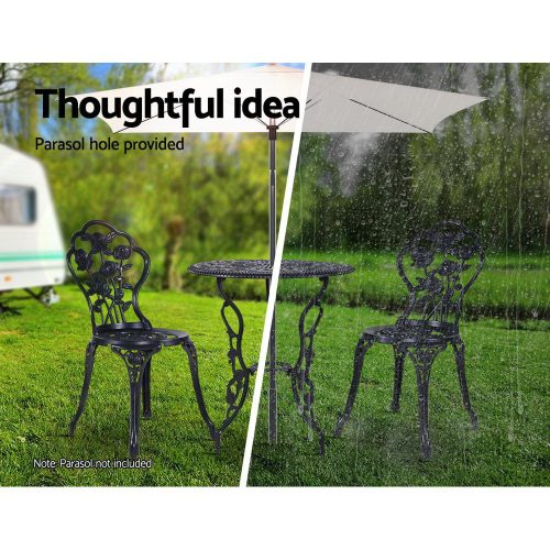 3PC Outdoor Setting Cast Aluminium Bistro Table Chair Patio – Black