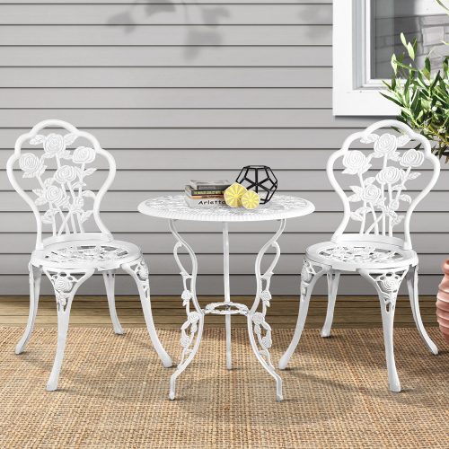 3PC Outdoor Setting Cast Aluminium Bistro Table Chair Patio – White