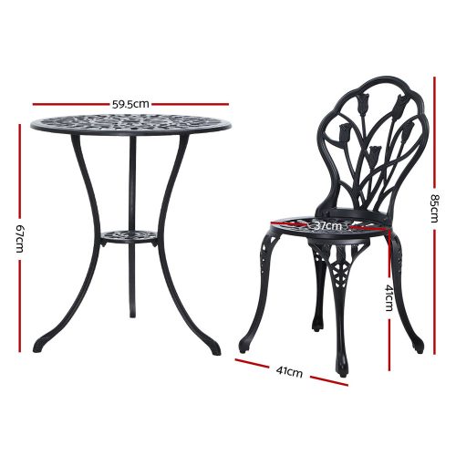 3PC Outdoor Setting Cast Aluminium Bistro Table Chair Patio – Black