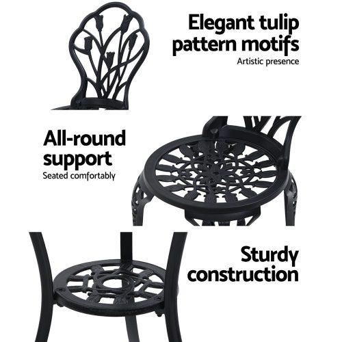 3PC Outdoor Setting Cast Aluminium Bistro Table Chair Patio – Black