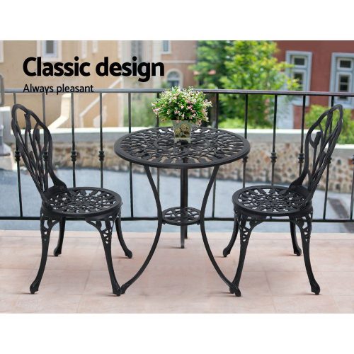 3PC Outdoor Setting Cast Aluminium Bistro Table Chair Patio – Black