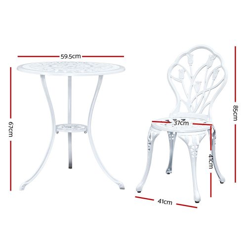 3PC Outdoor Setting Cast Aluminium Bistro Table Chair Patio – White
