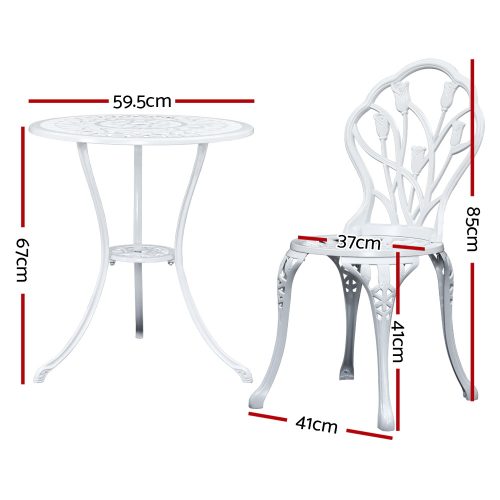 3PC Outdoor Setting Cast Aluminium Bistro Table Chair Patio – White