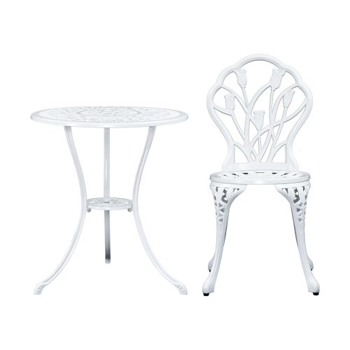 3PC Outdoor Setting Cast Aluminium Bistro Table Chair Patio – White