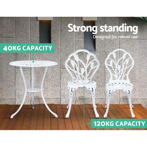 3PC Outdoor Setting Cast Aluminium Bistro Table Chair Patio – White