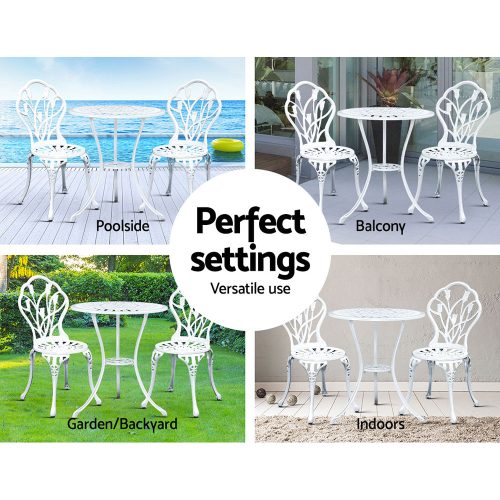 3PC Outdoor Setting Cast Aluminium Bistro Table Chair Patio – White