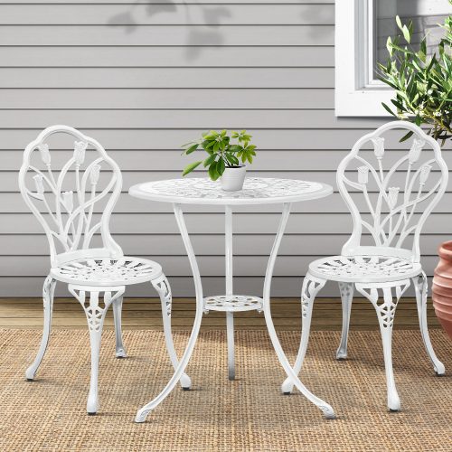 3PC Outdoor Setting Cast Aluminium Bistro Table Chair Patio – White