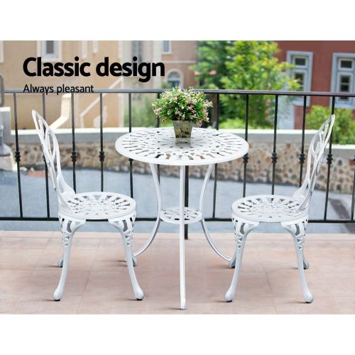 3PC Outdoor Setting Cast Aluminium Bistro Table Chair Patio – White