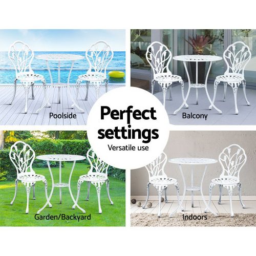 3PC Outdoor Setting Cast Aluminium Bistro Table Chair Patio – White
