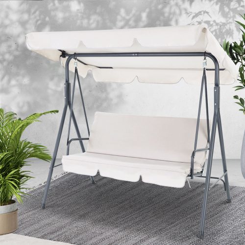 Outdoor Swing Chair Hammock 3 Seater Garden Canopy Bench Seat Backyard – Beige
