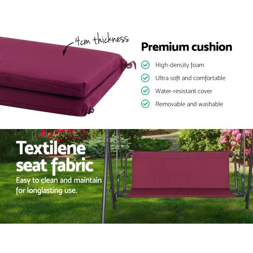 Outdoor Swing Chair Hammock 3 Seater Garden Canopy Bench Seat Backyard – Wine Red