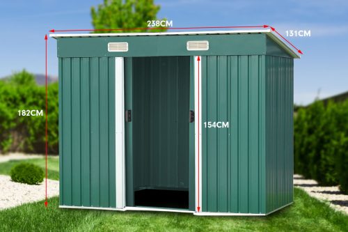 Garden Shed with Base Flat Roof Outdoor Storage – 131 x 238 x 182 cm, Green