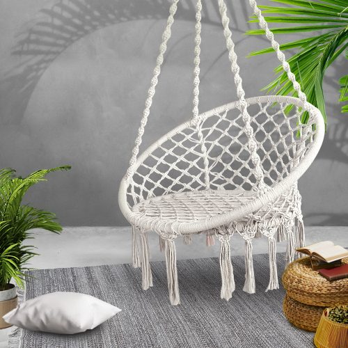 Hammock Chair Swing Bed Relax Rope Portable Outdoor Hanging Indoor 124CM – Cream, Without Stand