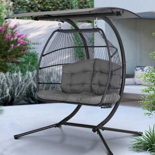 Outdoor Furniture Lounge Hanging Swing Chair Egg Hammock Stand Rattan Wicker – Grey