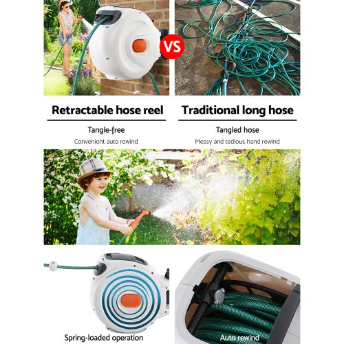 Retractable Hose Reel Garden Water Brass Spray Gun Auto Rewind – 20 M