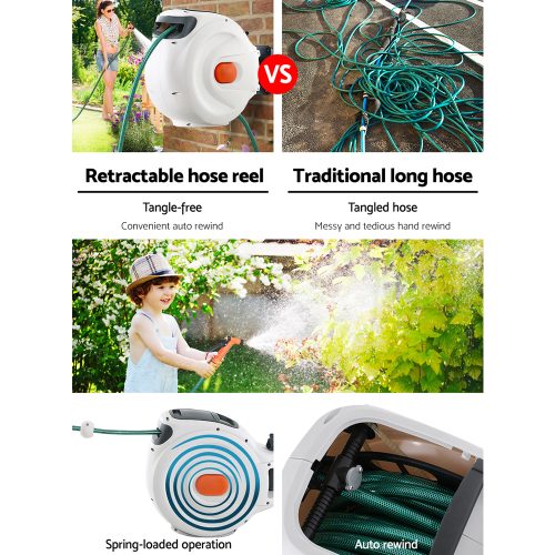 Retractable Hose Reel Garden Water Brass Spray Gun Auto Rewind – 30 M