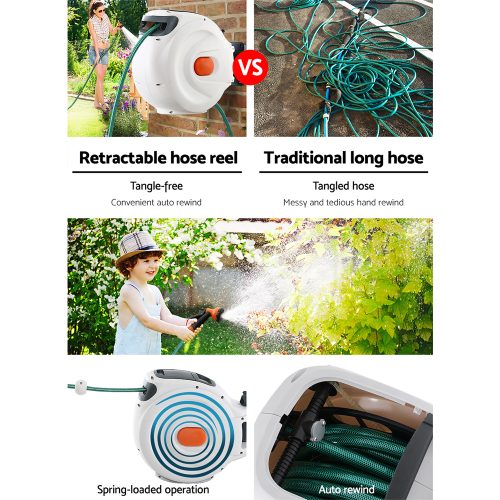 Retractable Water Hose Reel Garden Spray Gun Storage AutoRewind – 30 M