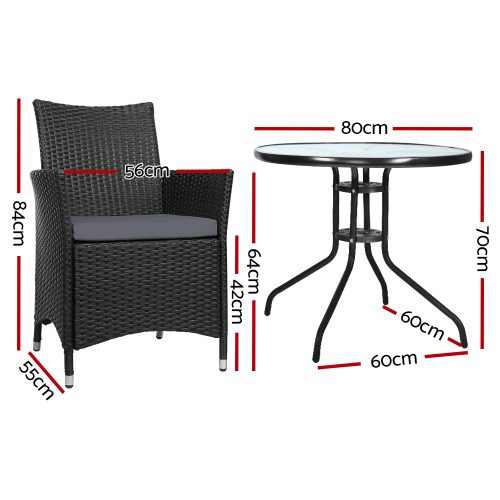 Outdoor Bistro Set Chairs Patio Furniture Dining Wicker Garden Cushion Gardeon – 2X Chair + Table